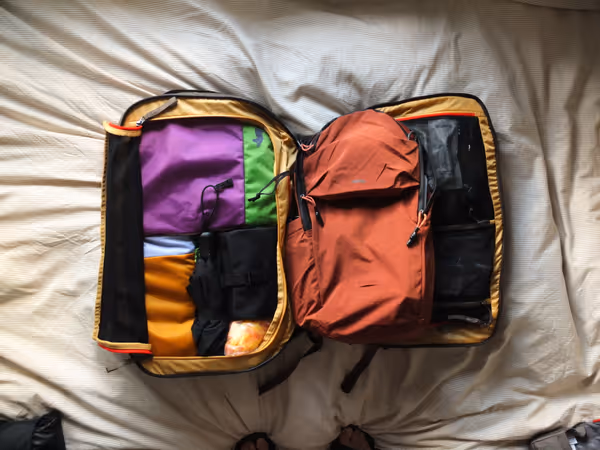 A photo of my travel gear laid out on the floor